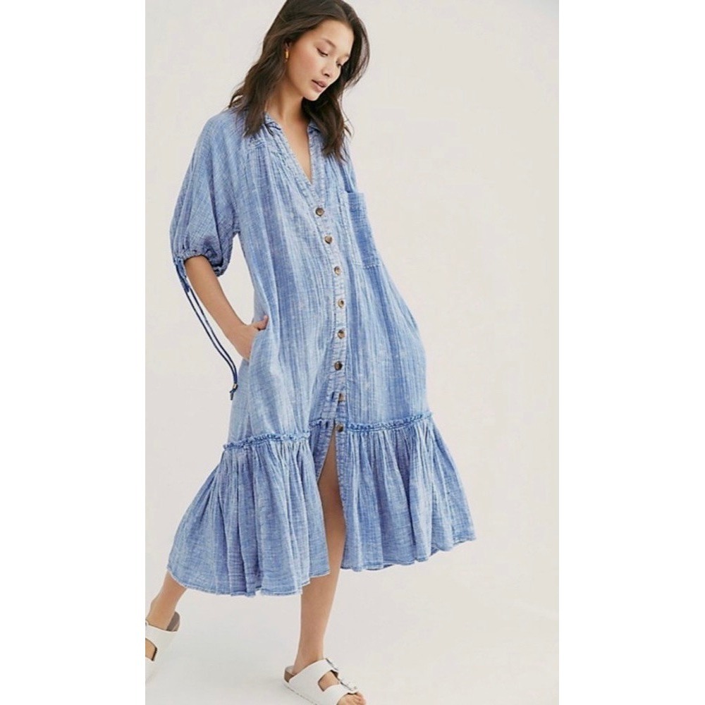 FREE PEOPLE Maya Midi Dress Blue Button Front Washed Look Bohemian Medium